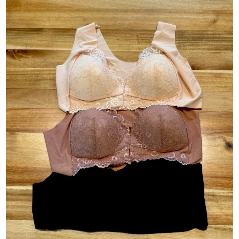 Lot of 3 Women's XXL Lace Bras Padded Full Coverage Tan Beige Black Coquette